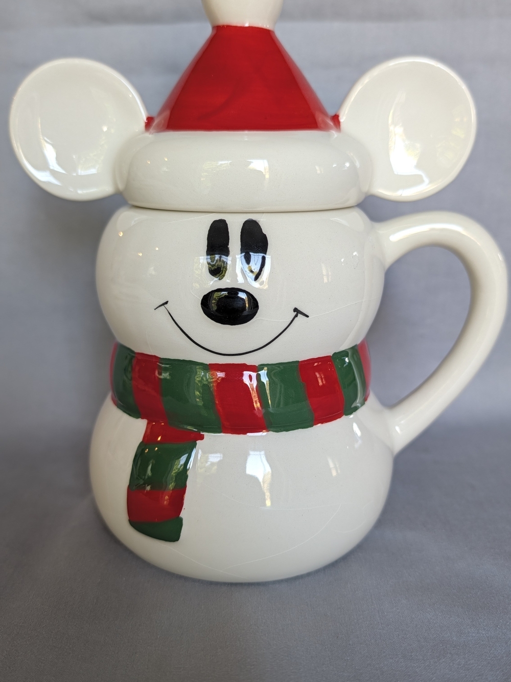 Disney Mickey Mouse Snowman Ceramic Coffee Mug with Santa Hat Lid